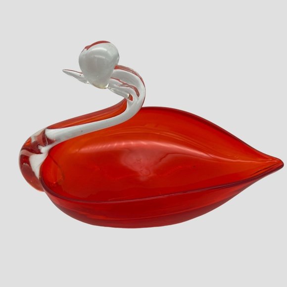 Vintage Art Glass Swan Trinket Dish Ruby Red & Clear 7.5" x 5" MCM - Picture 4 of 6